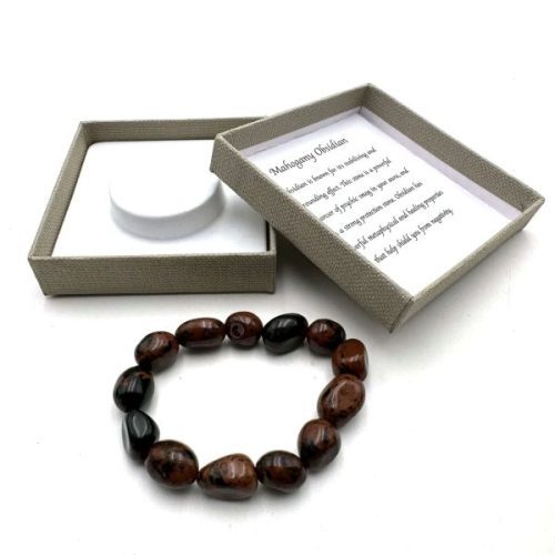 Beaded Bracelet Lge Mahogany Obsidian on a table next to its packaging