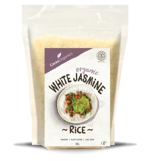 A bag of Ceres Rice Jasmine White 500g