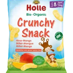 A bag of Holle Crunchy Snack Millet Mango 25g
