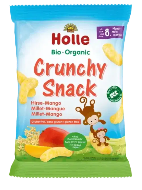 A bag of Holle Crunchy Snack Millet Mango 25g