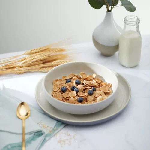 a bowl of NaturesPath Heritage Flakes on a table next to barley, a jar of milk, and a green plant in a vase.