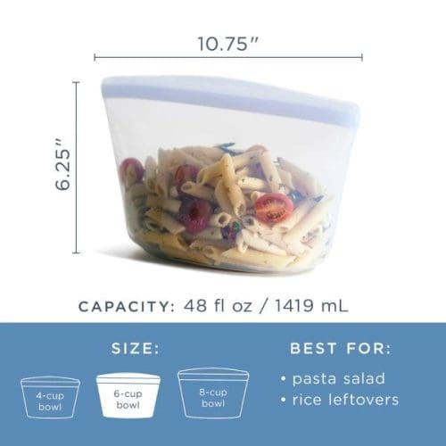 Stasher 6 Cup Bowl - Clear - measurements and the other size options of 4 - cup and 8 cup