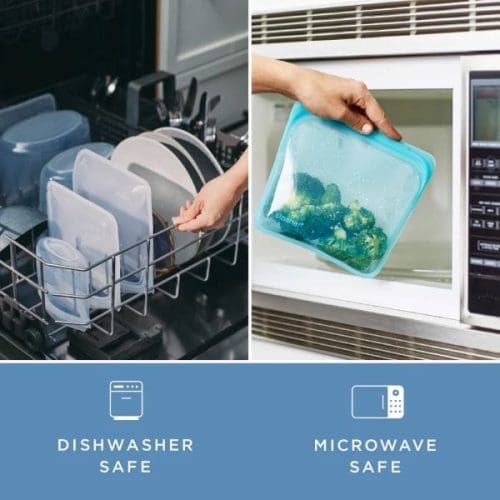 Stasher 6 Cup Bowl - Clear shown in a dishwasher and being put in a microwave