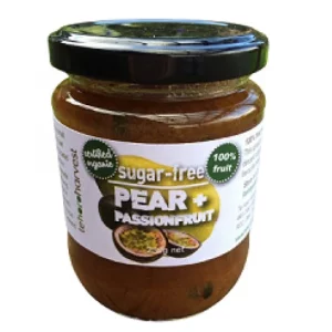 a jar of Tehoro Pear Passionfruit SugarFree Fruit Spread 250g