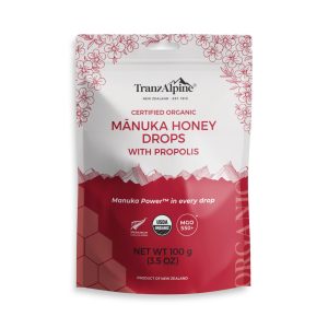 a bag of TranzAlpine Manuka Honey Drops Propolis MGO550+ 100g