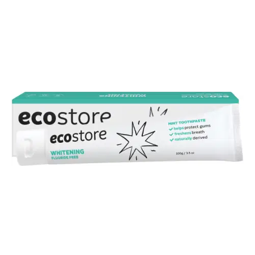 a tube of Ecostore Toothpaste Whitening no flouride 100g next to its packaging