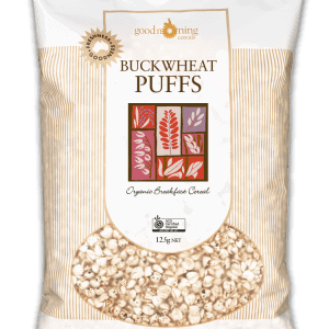 A bag of Good Morning Cereal Buckwheat Puffs Organic 125g
