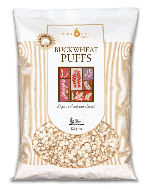 A bag of Good Morning Cereal Buckwheat Puffs Organic 125g