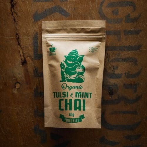 a bag of Mister Chai Tulsi & Mint Chai 40g