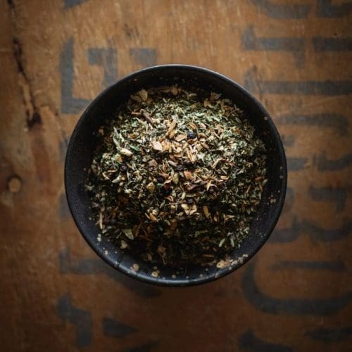 loose leaf MisterChai Tulsi & Mint Chai 40g in a bowl