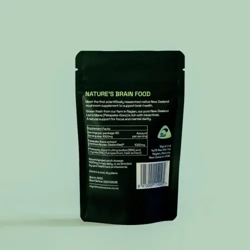 the back of the Mynd Pekepeke Lions Mane Extract 60g packaging