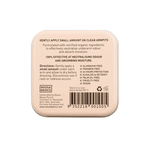 The back of Noosa Basics Deodorant Cream Coconut Vanillal 50g packaging