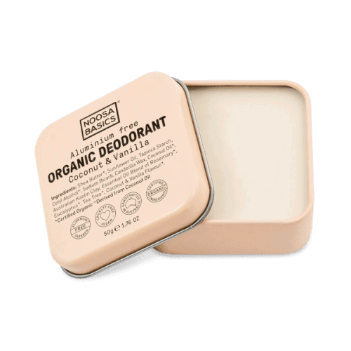 a tin of Noosa Basics Deodorant Cream Coconut Vanillal 50g with its lid off