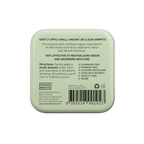 the back of Noosa Basics Deodorant Cream Lemon Mytle 50g packaging