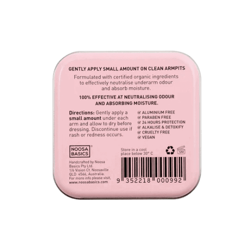 the back of Noosa Basics Deodorant Cream Rose Frankinsense 50g packaging