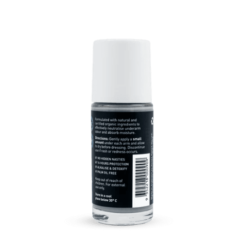 The back of Noosa Basics Deodorant Roll On Charcoal 50ml packaging