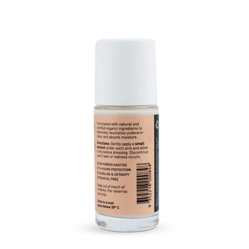 the back of Noosa Basics Deodorant Roll On Coconut Vanilla 50ml packaging