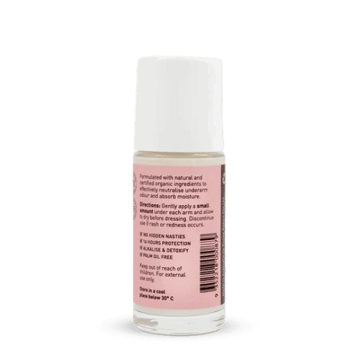 the back of Noosa Basics Deodorant Roll On Rose Frankinsense 50ml