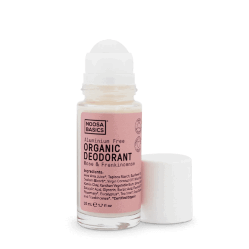 Noosa Basics Deodorant Roll On Rose Frankinsense 50ml with its lid off