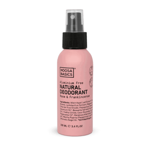 a spray bottle of Noosa Basics Deodorant Rose Frankinsense 100ml