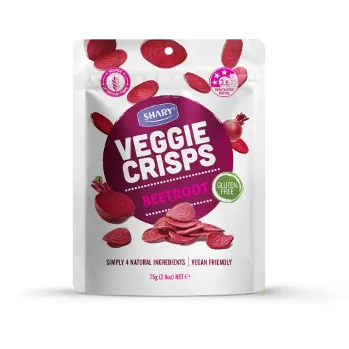 a bag of Shary Veggie Crisps Beetroot 30g