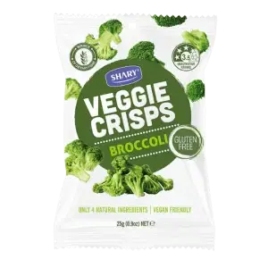 a bag of Shary Veggie Crisps Broccoli 25g