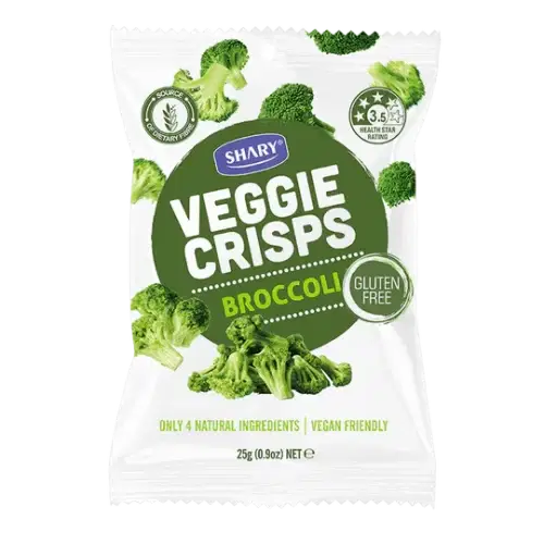a bag of Shary Veggie Crisps Broccoli 25g