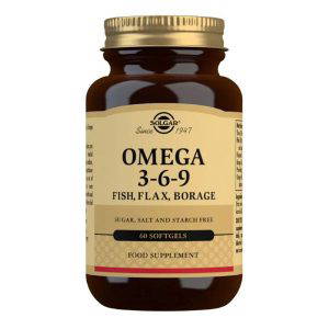 a bottle of Solgar Omega 3-6-9 Fish Flax Borage 60sg