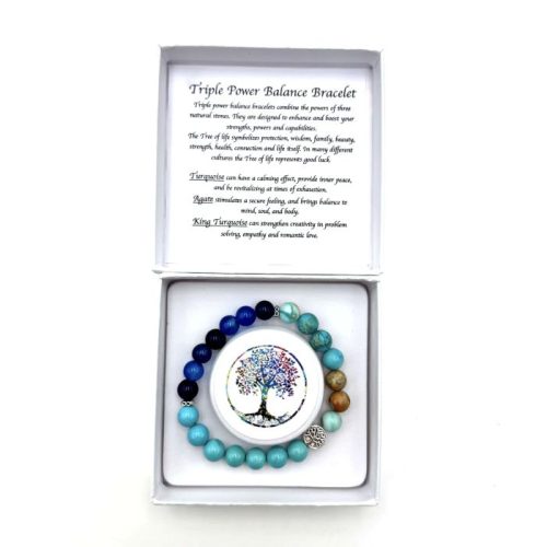 TriplePower Balance Bracelet Tree of Life Blue Turquoise Teal Agate in its packaging