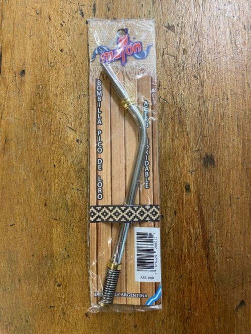 YerbaMate Straw Screw Gold Tip in its packaging on a wooden table